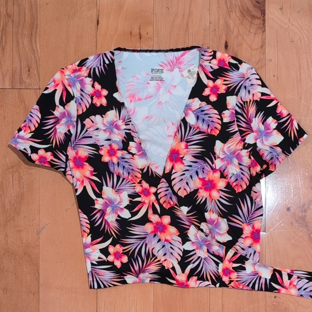 Floral Wrap Top - Black and Pink